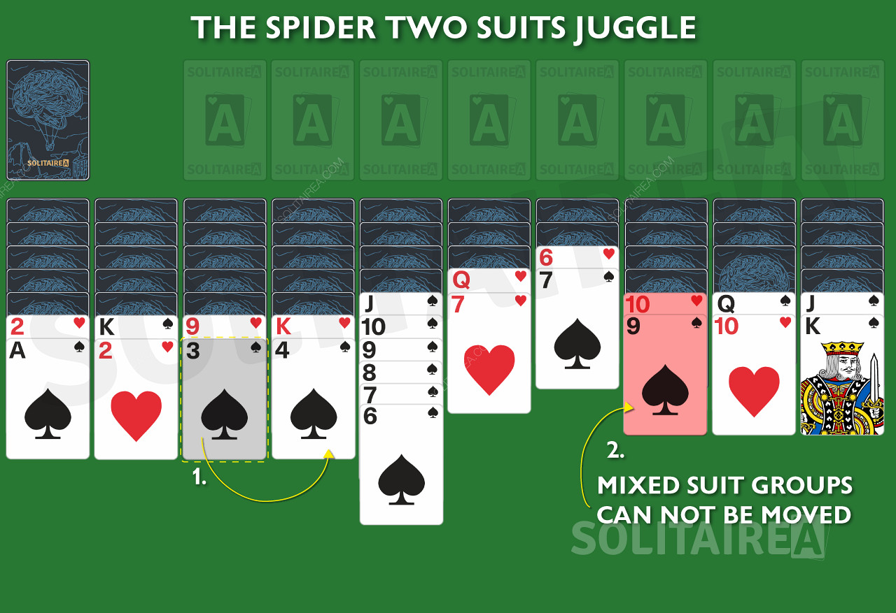 Os grupos de naipes mistos não podem ser movidos no Spider Solitaire 2 Suits